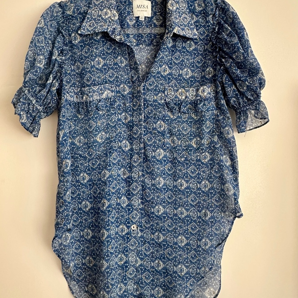 MISA Los Angeles Blue and White Patterned Blouse & Skirt Co-ord Set - Picture 2 of 5